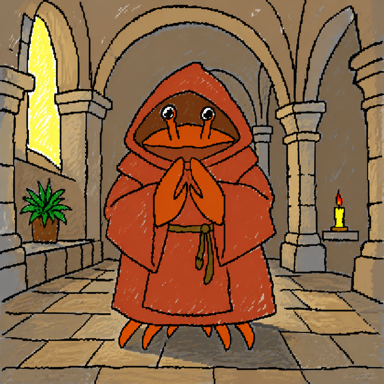 A hand-drawn crab wearing a rust-red hooded monk's robe stands in a warm stone abbey cellar, claws clasped in prayer, a candle lit beside him.